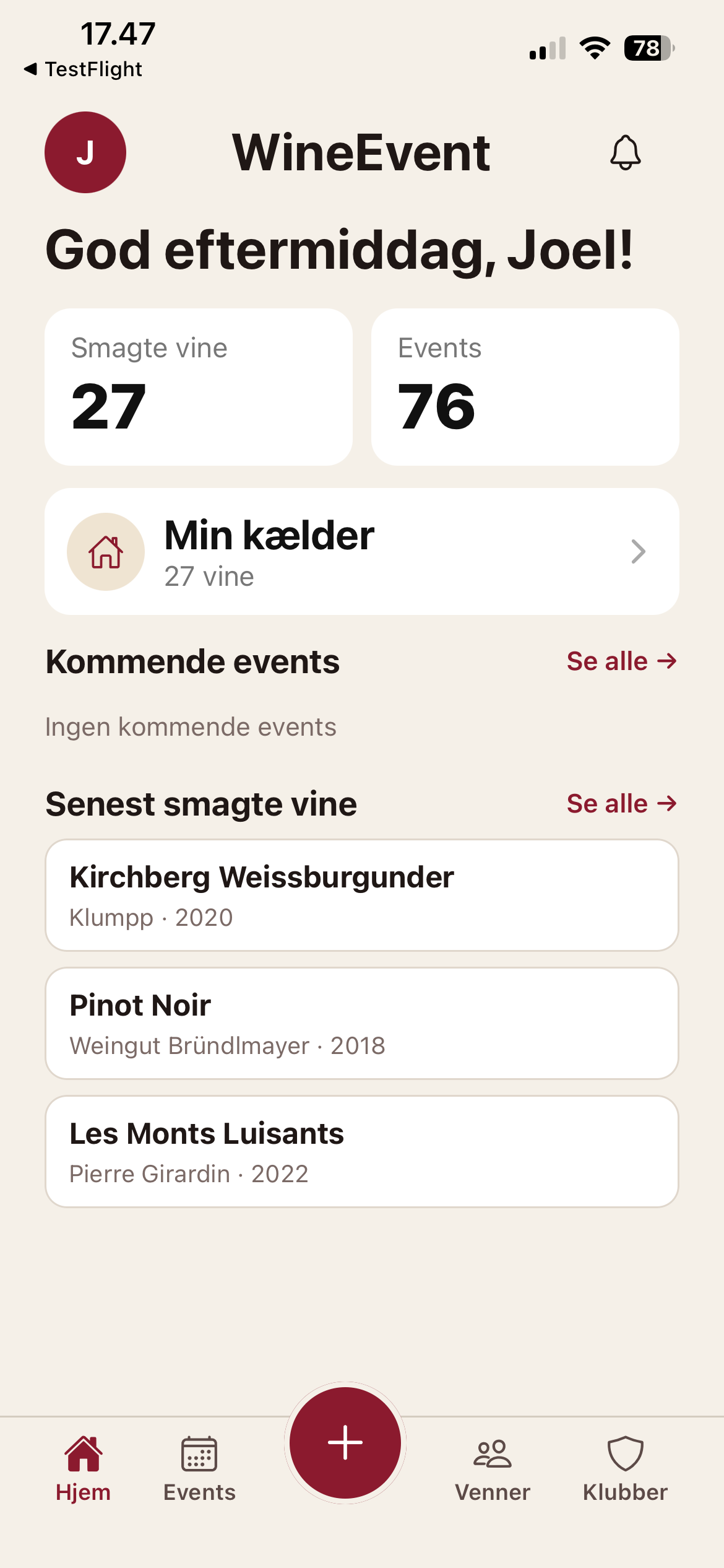 WineEvent app-skærmbillede med blindsmagning
